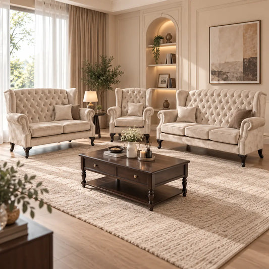 Wing Sofa 1+2+3 Luxury Button Tufted Chesterfield Sofa Set