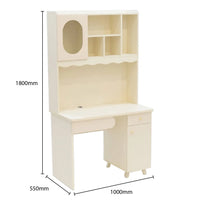 White desk with shelves and dimensions indicated on a white background