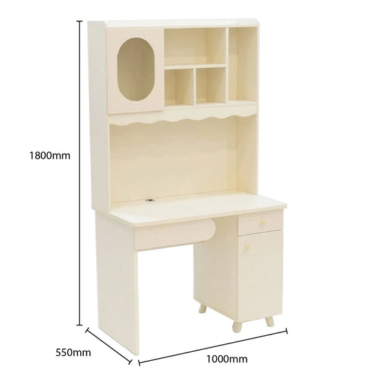 White desk with shelves and dimensions indicated on a white background
