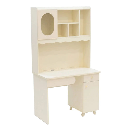 White desk with shelves on a white background