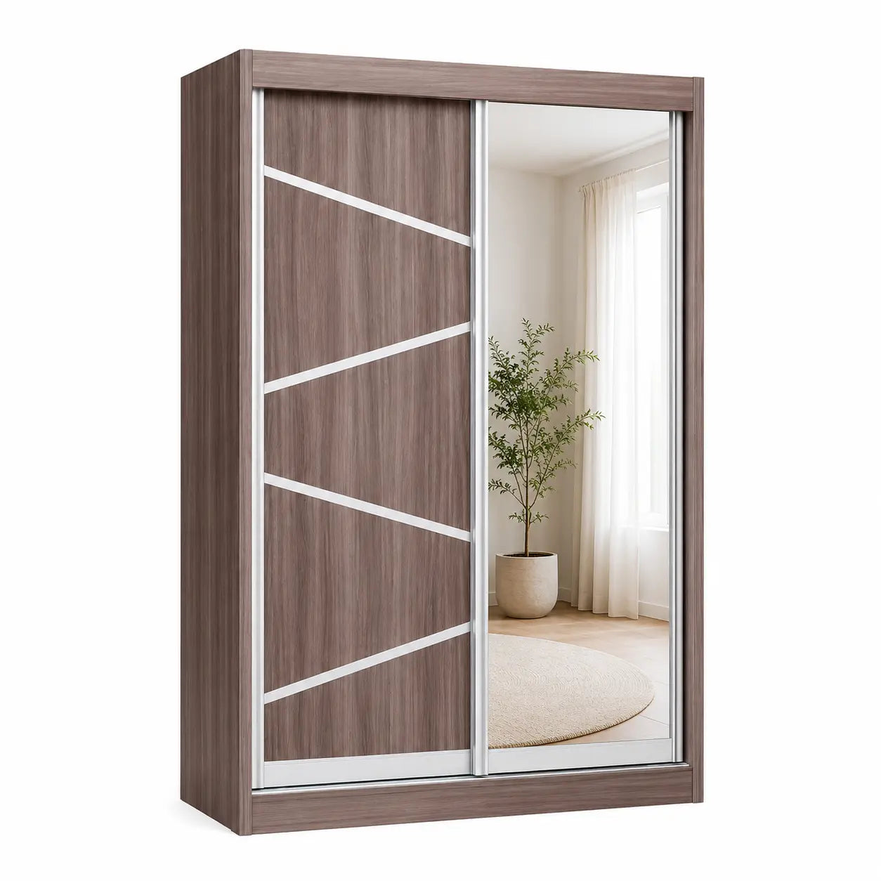 A modern sliding wardrobe with a brown wood-grain finish and white geometric diagonal accents on the left door. The right door is a large mirrored panel reflecting a bright room interior with a plant and window.
