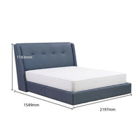 Blue bed frame with white mattress and dimensions labeled on a white background