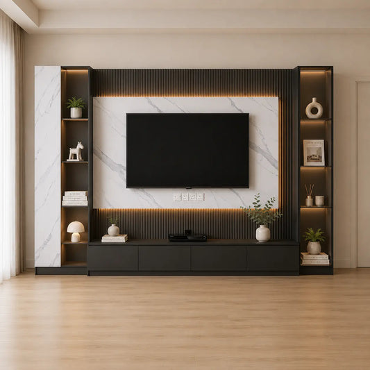 A modern wall-mounted TV stand and shelving unit in a bright living room. The dark wood media console features built-in side shelves with warm LED lighting, a central ribbed wood panel, and a white marble-look backlit wall with a black flat-screen TV mounted above.