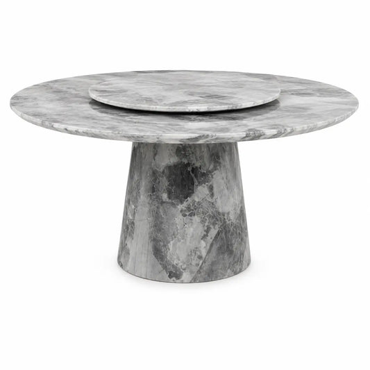A round gray marble dining table with a matching round top insert and a tapered stone pedestal base, shown on a plain white background.