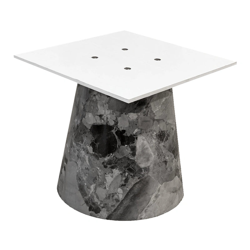 Side table with white top and gray marble base on a white background
