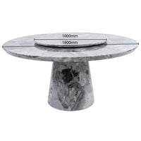 Marble dining table with dimensions indicated on a white background