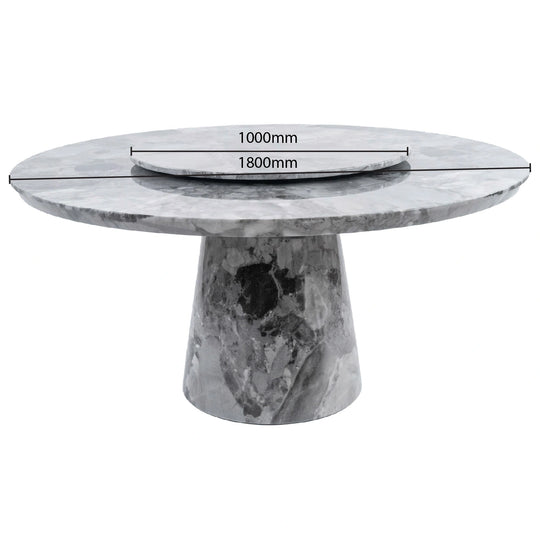 Marble dining table with dimensions indicated on a white background