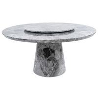 Marble dining table with a unique base design on a white background