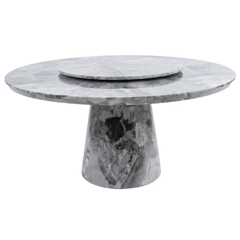 Marble dining table with a unique base design on a white background