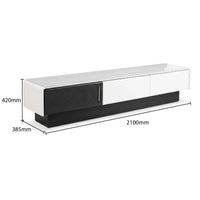 White and black TV stand with dimensions labeled on a white background