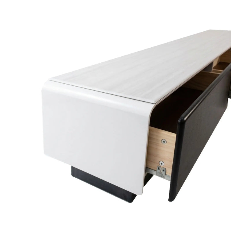 White storage bench with a wooden drawer on a white background