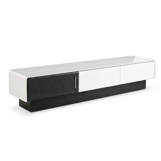 Modern TV stand with white and black design on a white background