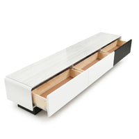 White storage bench with open drawers on a white background