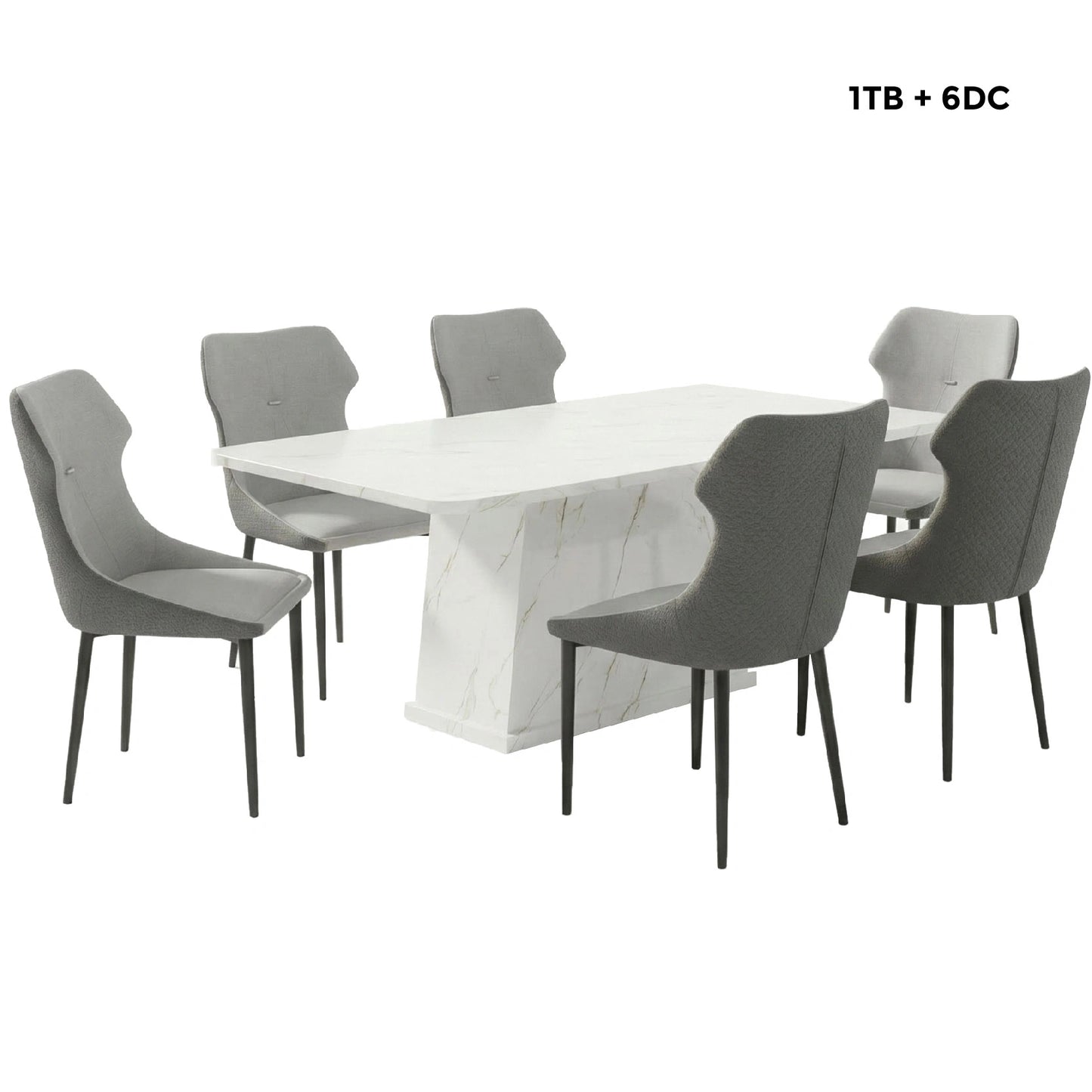 Dining table set with marble finish and six gray chairs on a white background