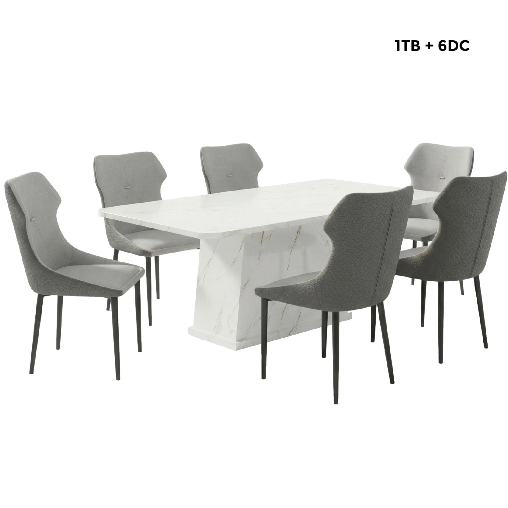 Dining table set with marble finish and six gray chairs on a white background