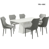 Dining table set with marble finish and six gray chairs on a white background