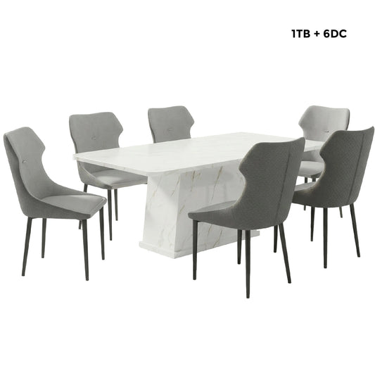 Dining table set with marble finish and six gray chairs on a white background