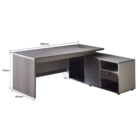 Gray L-shaped desk with dimensions labeled on a white background
