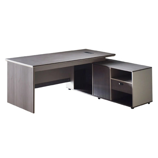 Corner office desk with a dark wood finish on a white background