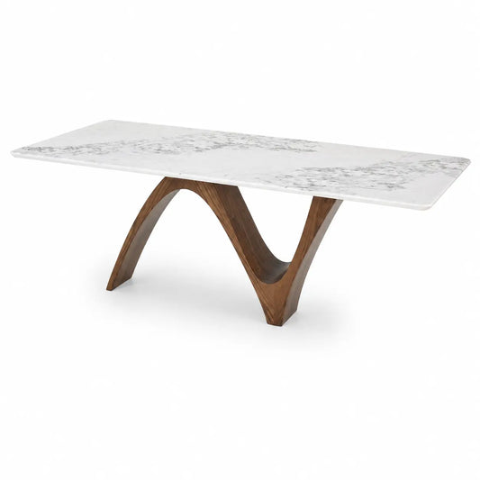 A modern rectangular coffee table with a white marble-look top featuring gray veining and a sculptural curved wooden base in a medium brown finish, shown on a plain white background.