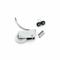 Chrome door roller with wheels and screws on a white background