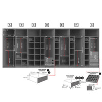 Diagram of a locker system with dimensions and features labeled