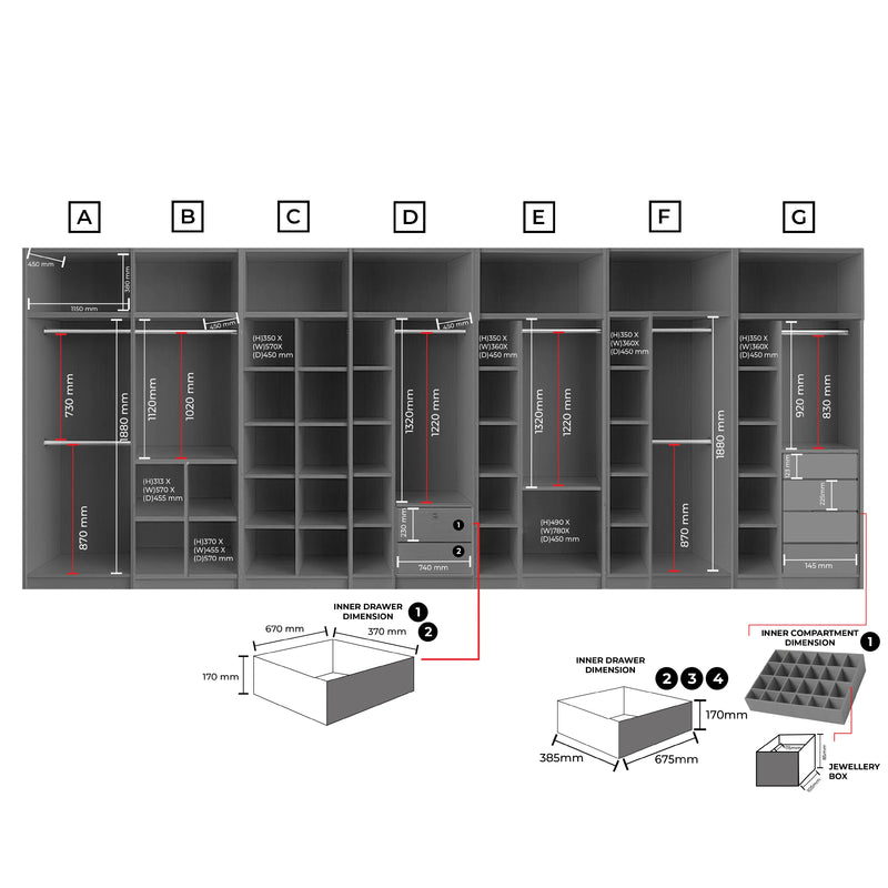 Diagram of a locker system with dimensions and features labeled