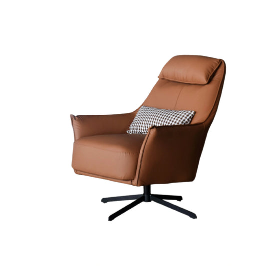 Brown leather armchair with a checkered pillow