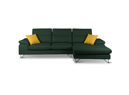 A modern three-seater sofa in dark forest green with two bright yellow accent pillows