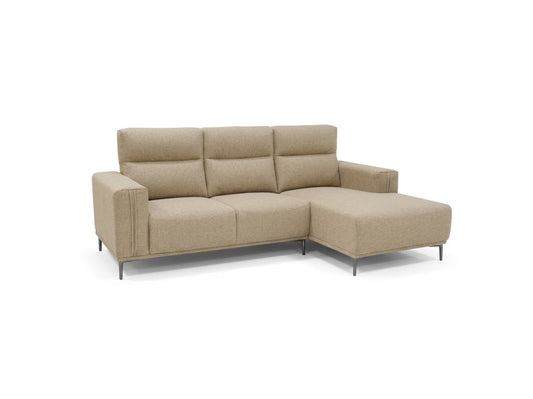 A modern L-shaped sectional sofa with a chaise lounge on the right side, upholstered in a textured beige fabric with slim dark metal legs