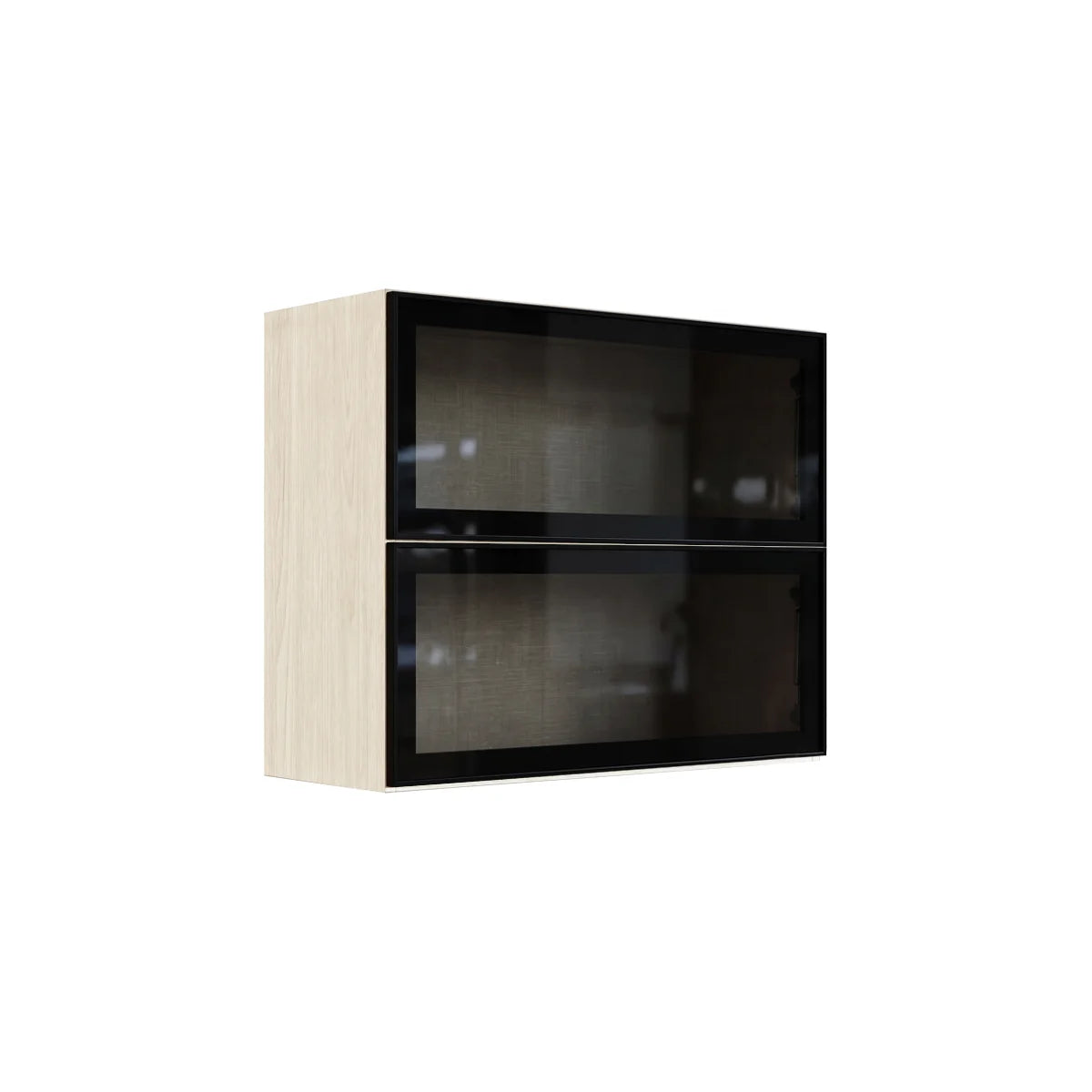 A wall-mounted two-tier cabinet with a light beige wood grain finish and glossy black glass doors, shown against a plain white background.