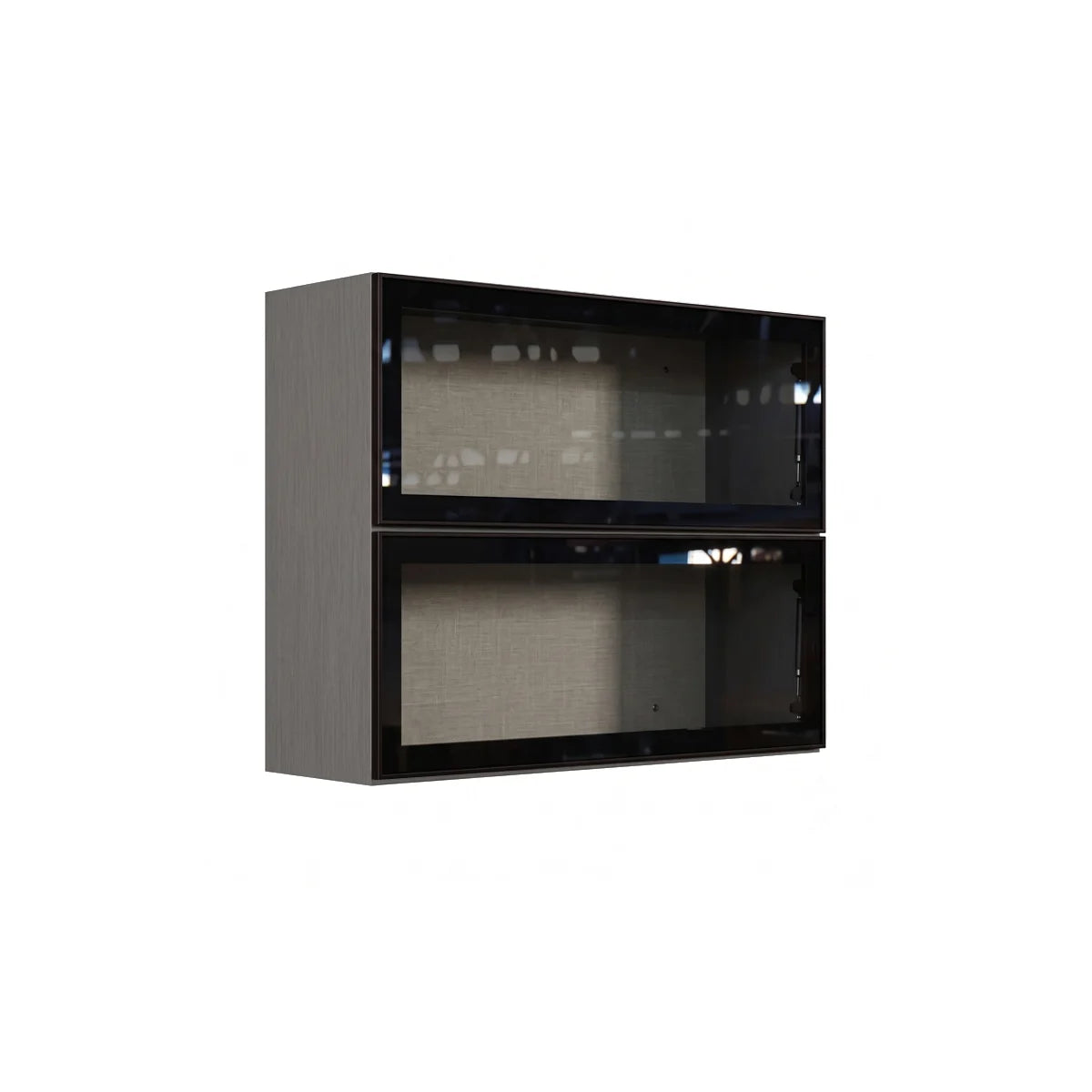 A modern wall-mounted double-tier display cabinet with a dark gray wood-grain finish and black glass doors, shown against a plain white background.