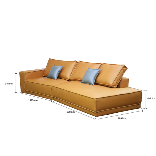 Orange sectional sofa with blue cushions and dimensions on a white background