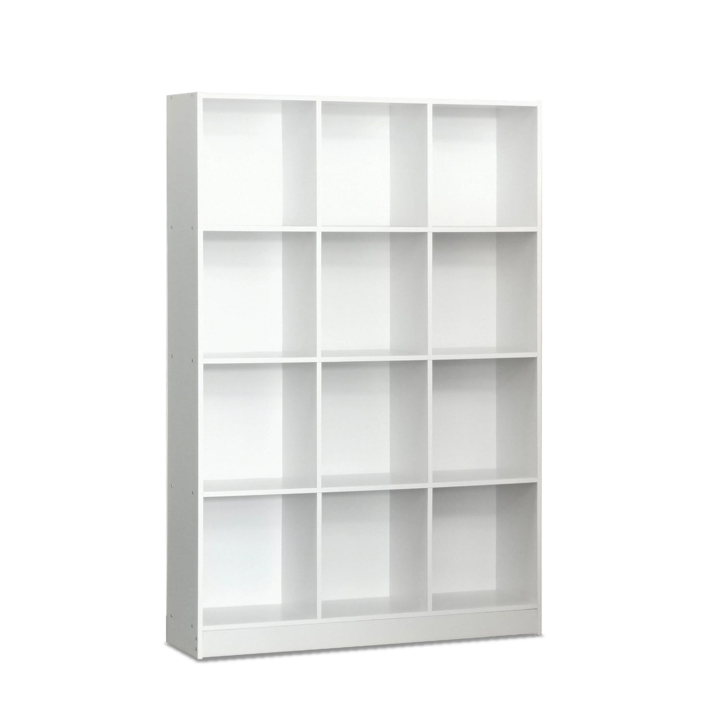 White bookshelf with nine square shelves on a white background
