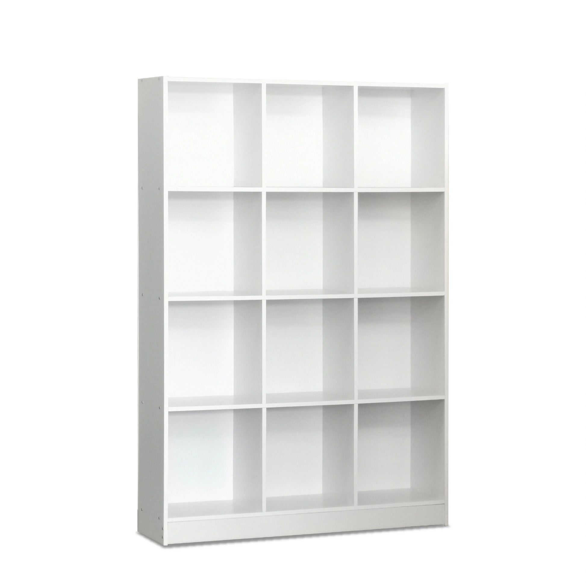 White bookshelf with nine square shelves on a white background