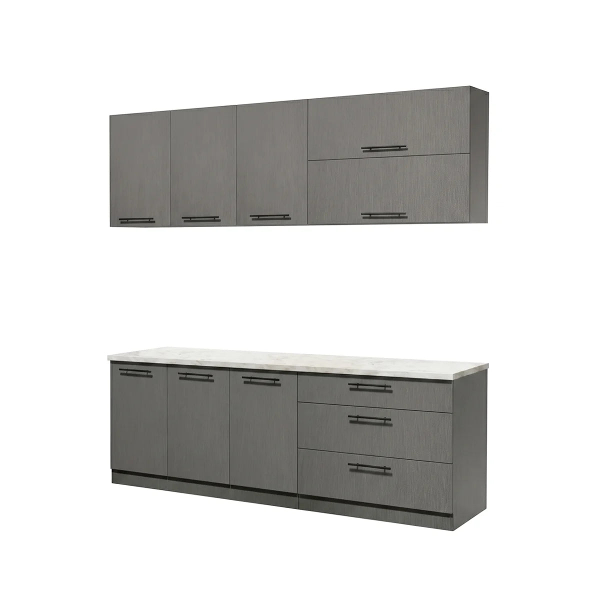 A two-piece kitchen cabinet set featuring a wall-mounted upper cabinet with four doors and a matching base cabinet with a white countertop, gray woodgrain doors, and black metal handles, shown against a plain white background.