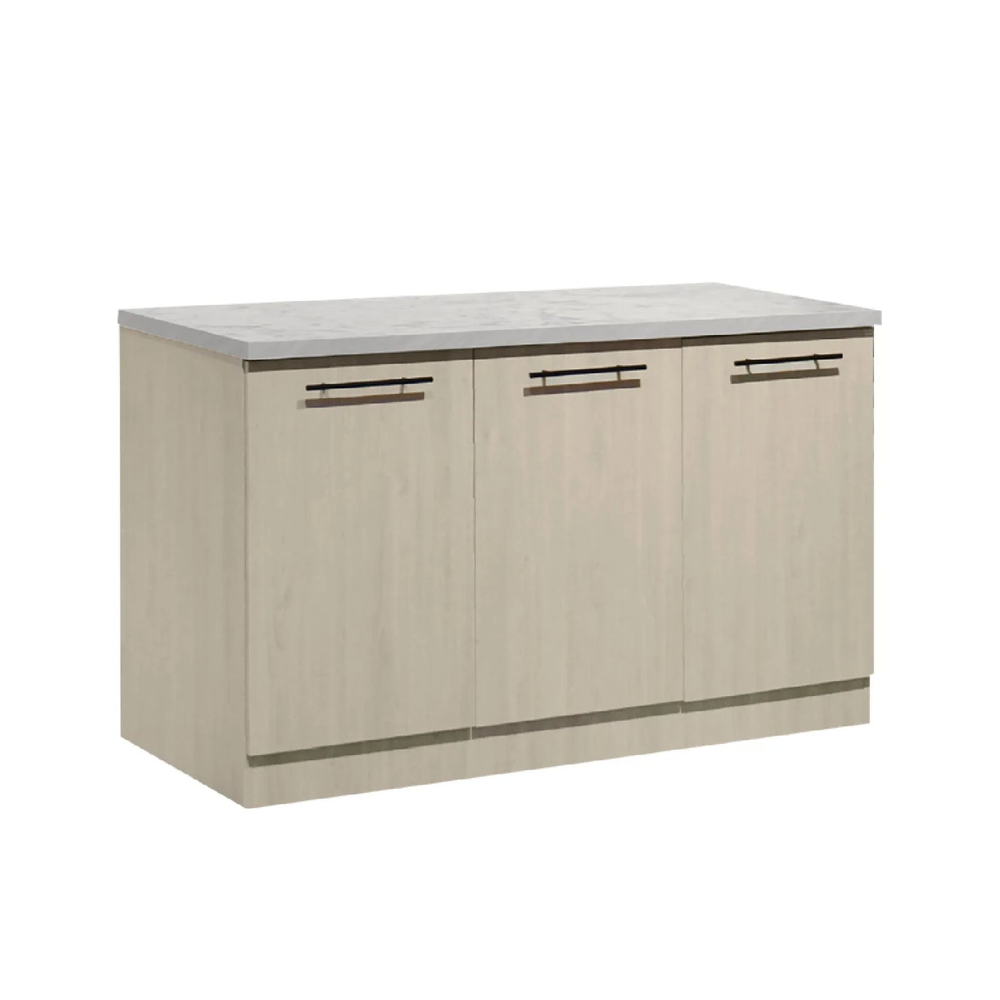 A modern three-door cabinet island with a light beige wood grain finish and a gray stone-look top, featuring slim black horizontal bar handles.