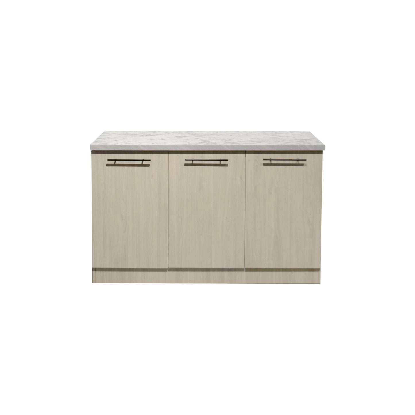 A modern kitchen island cabinet with three doors, featuring a light beige wood grain finish and a gray stone-look countertop with three horizontal bar handles.