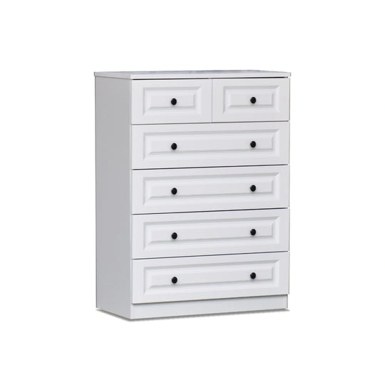 White dresser with six drawers on a white background