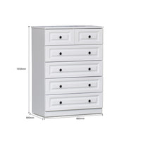 White dresser with dimensions on a white background