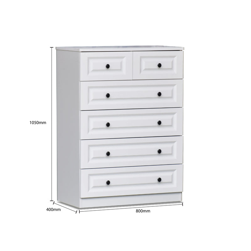 White dresser with dimensions on a white background