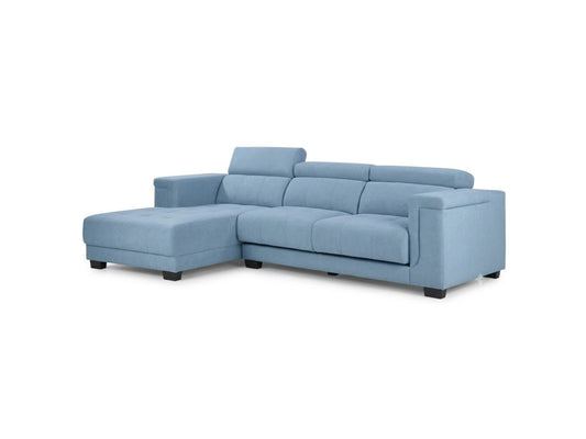 A light blue fabric sectional sofa with a left-facing chaise lounge, shown from a three-quarter angle against