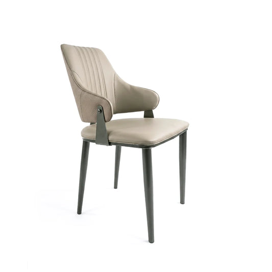 A modern dining chair with a light beige upholstered seat and a tall, vertically channel-tufted backrest, supported by a dark gray metal frame and four tapered legs, shown against