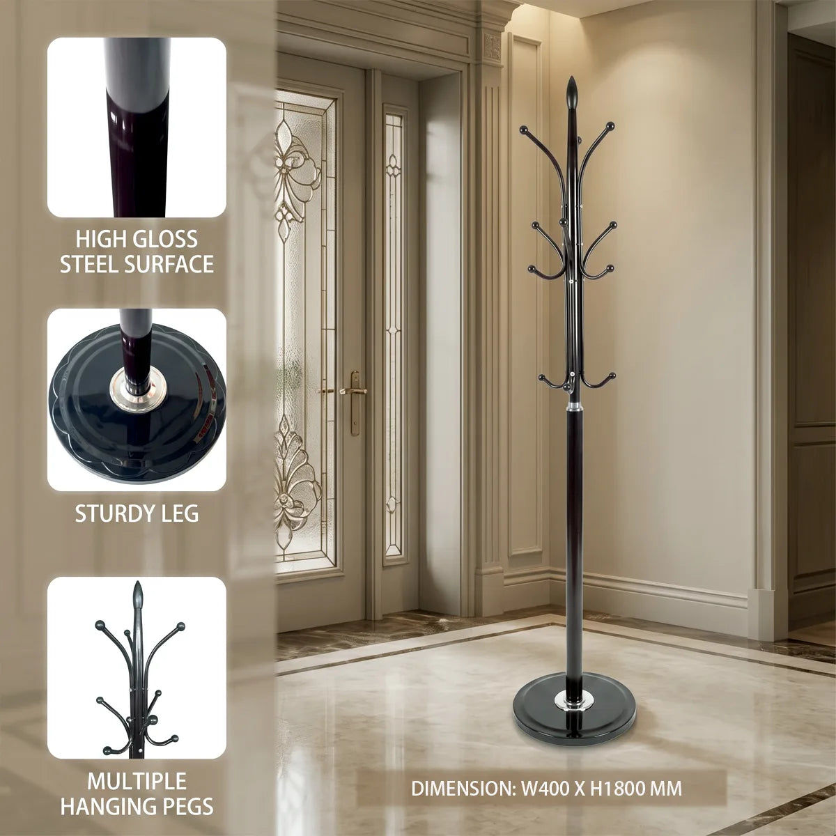 A tall black metal coat rack with multiple hooks stands in a beige indoor hallway. Three inset callout panels on the left show close-ups of the high-gloss steel surface, the sturdy leg, and the multiple hanging pegs, with text labels and a dimension note at the bottom.