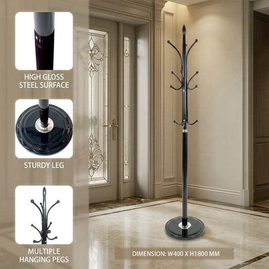 A tall black metal coat rack with multiple hooks stands in a beige indoor hallway. Three inset callout panels on the left show close-ups of the high-gloss steel surface, the sturdy leg, and the multiple hanging pegs, with text labels and a dimension note at the bottom.
