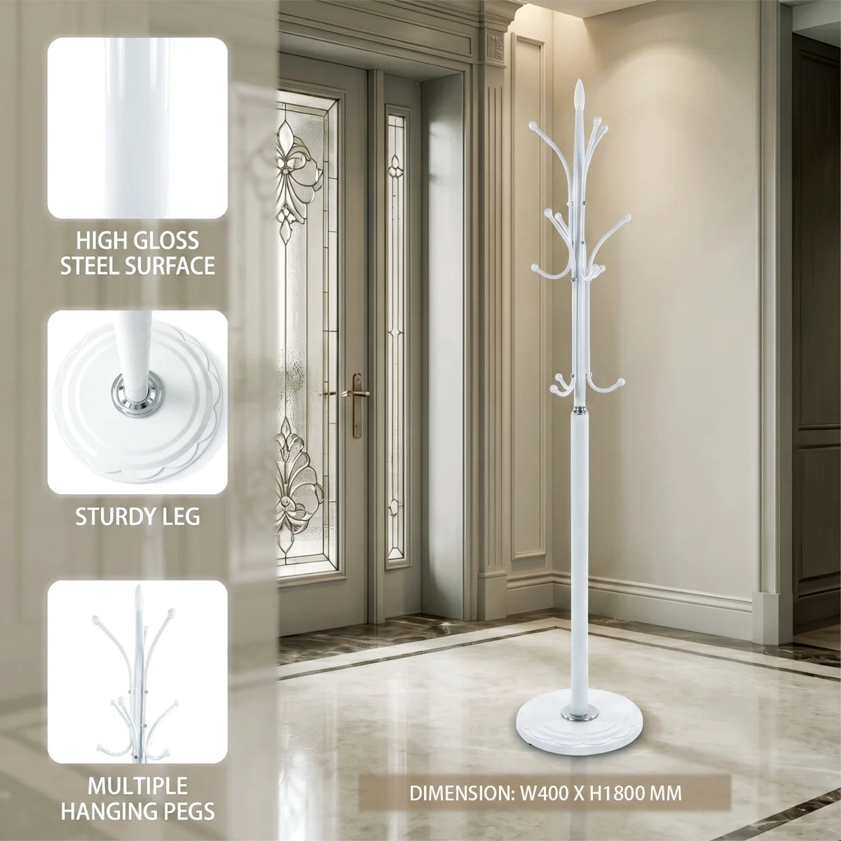 White steel coat rack with multiple hanging pegs shown in an indoor hallway setting, with three inset feature callouts on the left and a dimension label at the bottom.