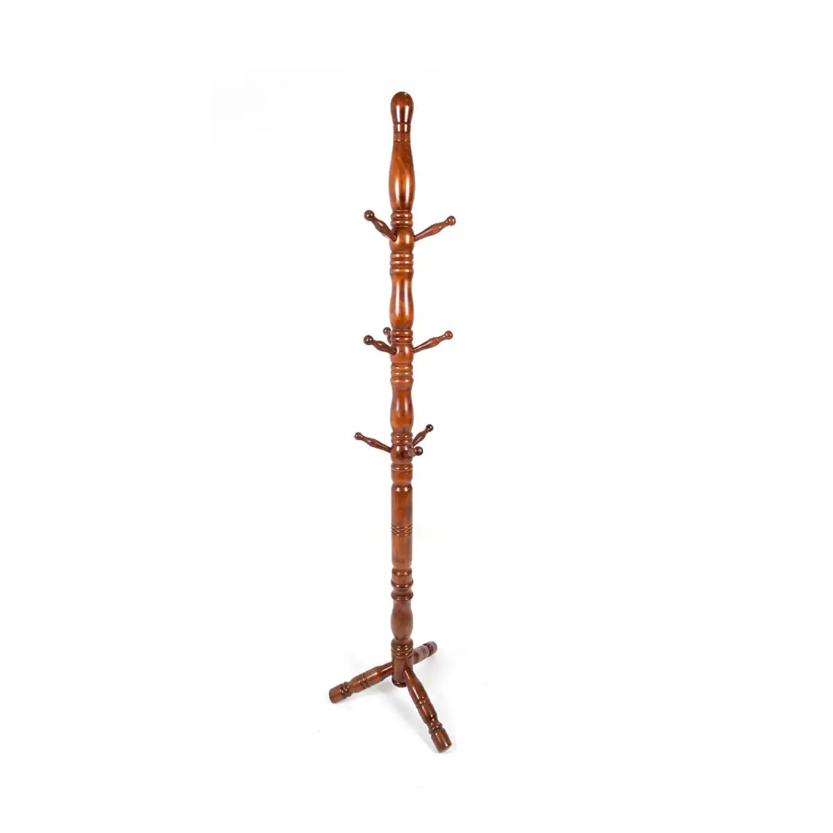 A three-tier wooden coat rack with a polished brown finish and a tripod-style base, shown on a plain white background.