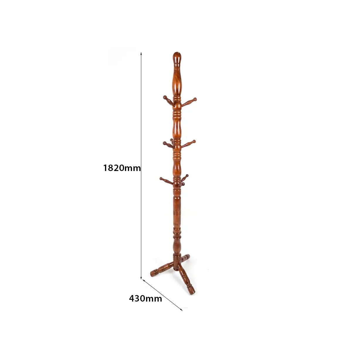 A brown wooden coat rack with multiple hooks and a tripod base, shown on a white background with dimension lines indicating a height of 1820mm and a base width of 430mm.