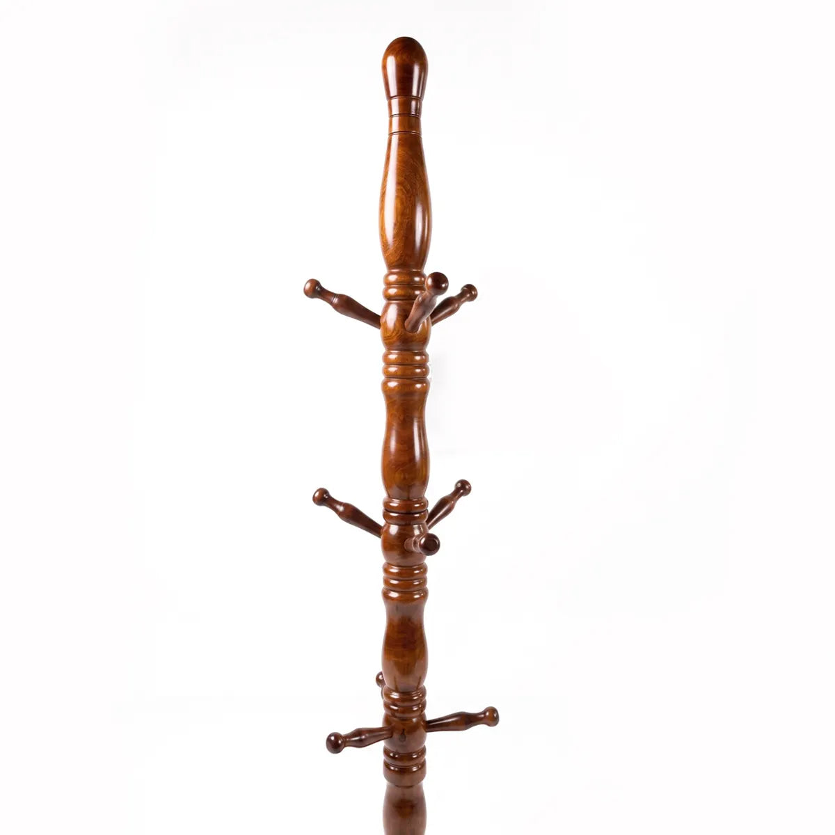 A wooden coat rack with a polished brown finish, featuring a central handle and multiple side hooks, shown against a plain white background.
