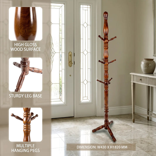 A tall reddish-brown wooden coat rack with multiple hanging pegs stands in a doorway inside a home. Three inset close-up panels on the left highlight the high gloss wood finish, sturdy leg base, and multiple hanging pegs, with text showing dimensions.